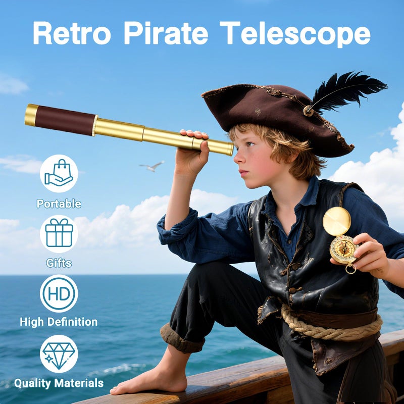 Laupha Retro Pirate Telescope Zoomable 25x30 Spyglass Portable Collapsible Handheld Telescope Vintage Monocular for Kids & Survival Gear Compass Pocket Military Compass for Camping Boating - Image 2